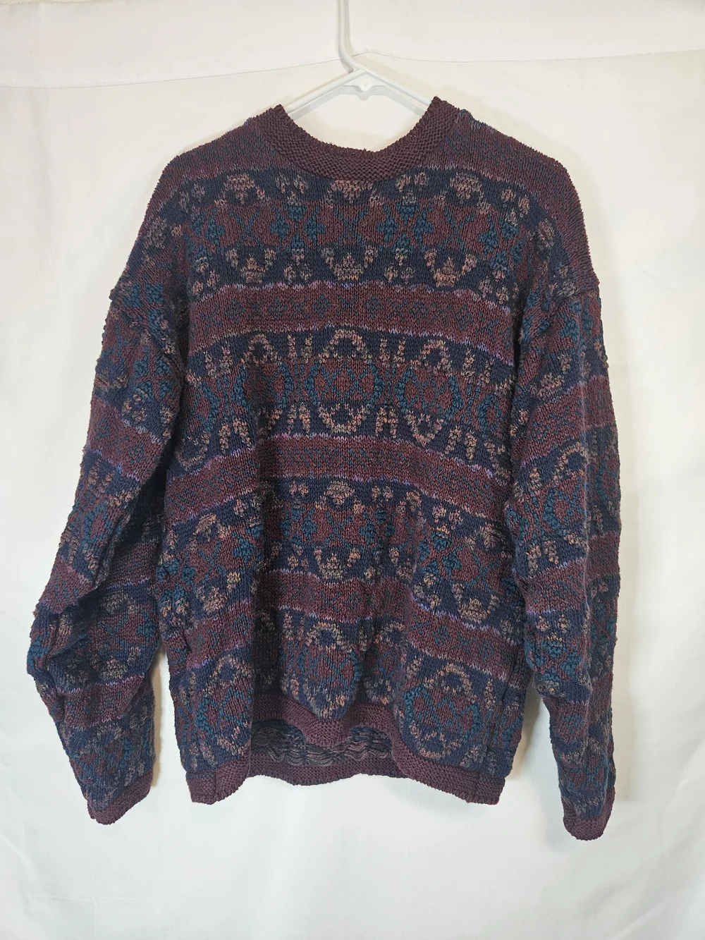 Lake Harmony Vintage 100% Cotton Burgundy and Navy Geometric Knit Sweater